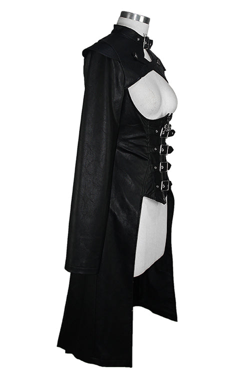 Black waisted short front and long back bare breast leather long womens Punk coat