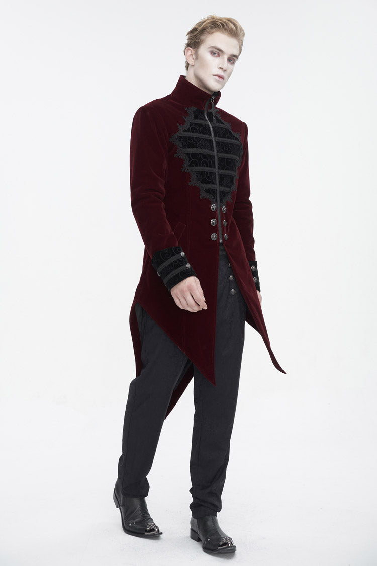 Red Stand Collar Lace Splice Swallow Tailed Men's Gothic Coat