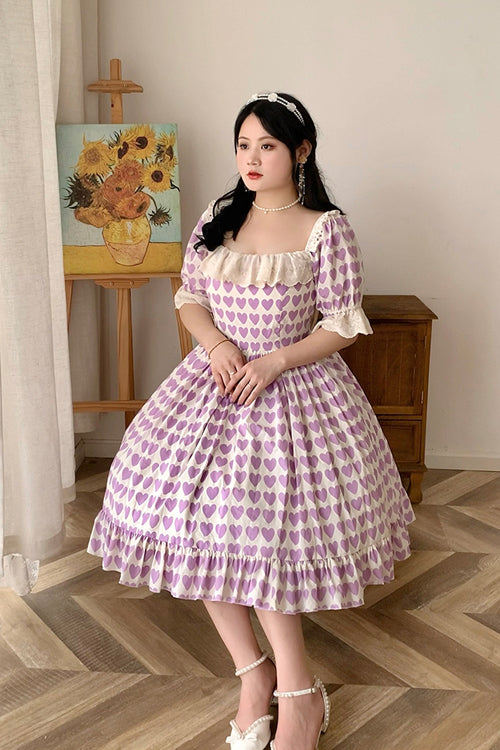 Purple Square Collar Heart Print Ruffled Short Sleeves Plus Size Sweet Lolita OP Dress