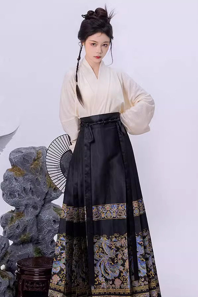 Black Chinese Style Print High Waisted Womens Hanfu Skirt