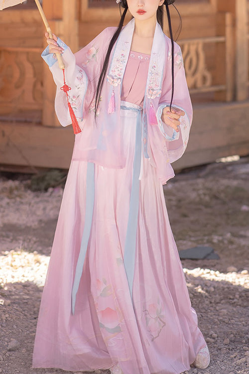 Rosa, chinesisches vierteiliges, süßes Hanfu-Kleid aus der Song-Dynastie mit frecher Katzenstickerei
