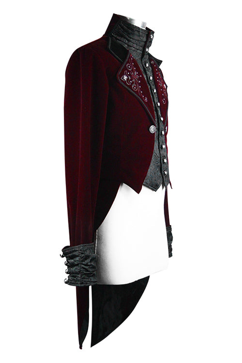 Wine Gothic Palace Embroidered Metal Rivets Dovetail Mens Coat