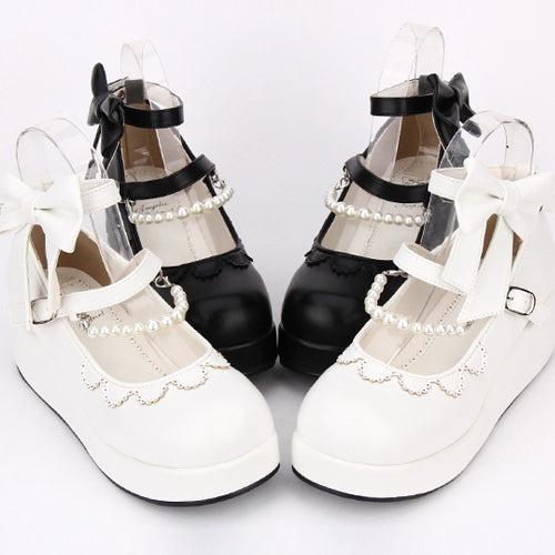 Round toe Bowknot Pearl Chain Classic Lolita Shoes