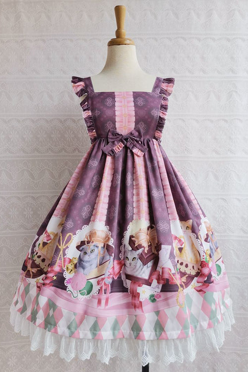 Chocolate Cat Print Ruffled High Waisted Sweet Lolita JSK Dress