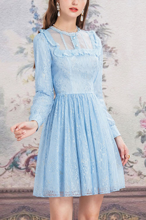 Blue Vintage Lace Round Collar Long Sleeves Sweet Lolita OP Dress