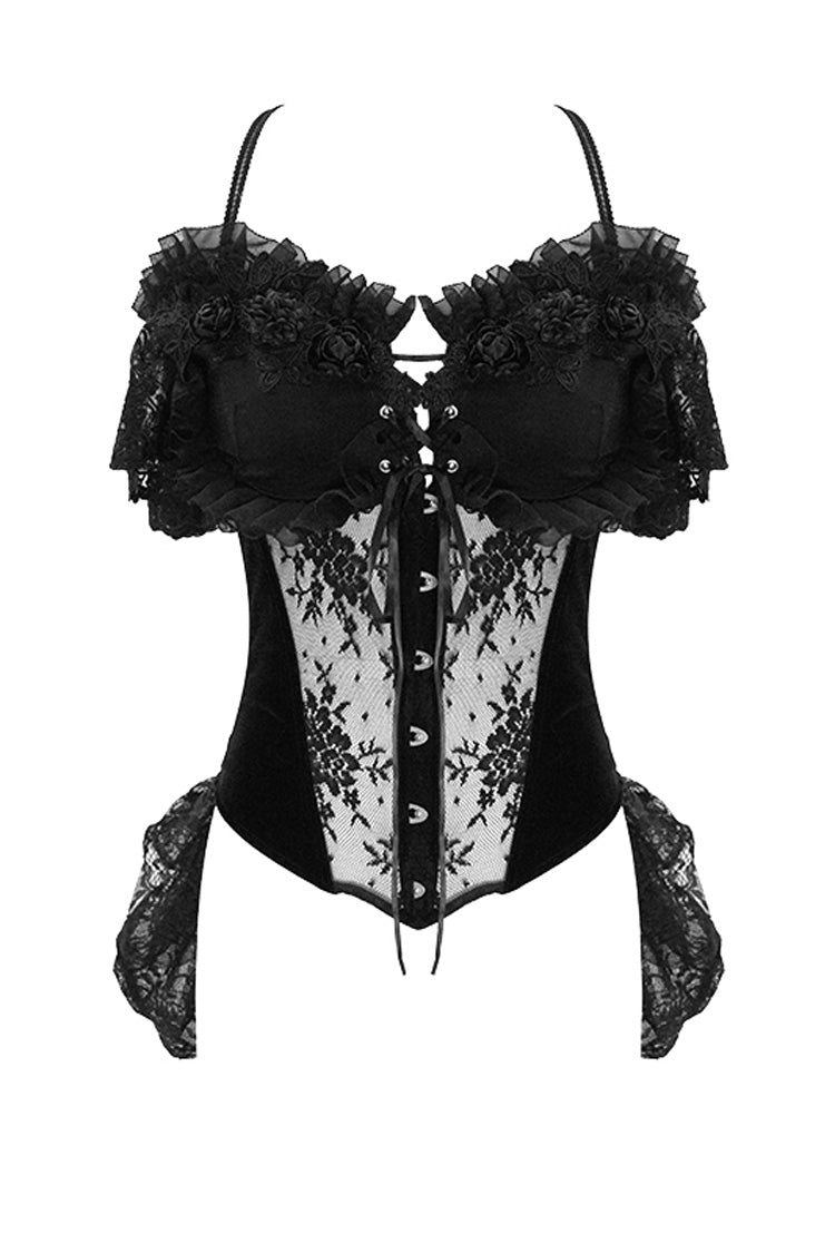 Black Gorgeous Sheer Floral Lace Ruffled Fitted Women's Gothic Corsets With Detachable Hem