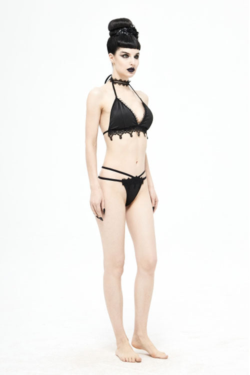 Black Gothic Lace Collar Lace Up Bikini Swimsuit