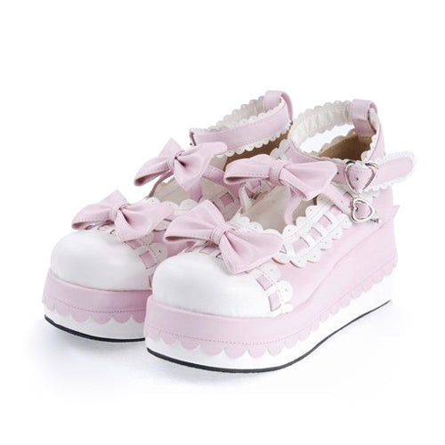 Pink Synthetic Leather Round Toe Ankle Straps Bow Decoration Platform Lolita Shoes