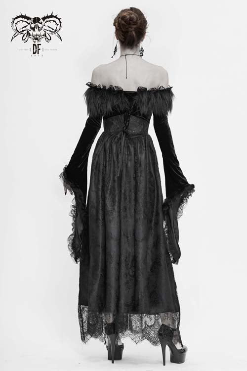 Schwarzes, sexy, schulterfreies, plissiertes Spitzenkleid für Damen, formelles Gothic-Kleid mit Pelzkragen