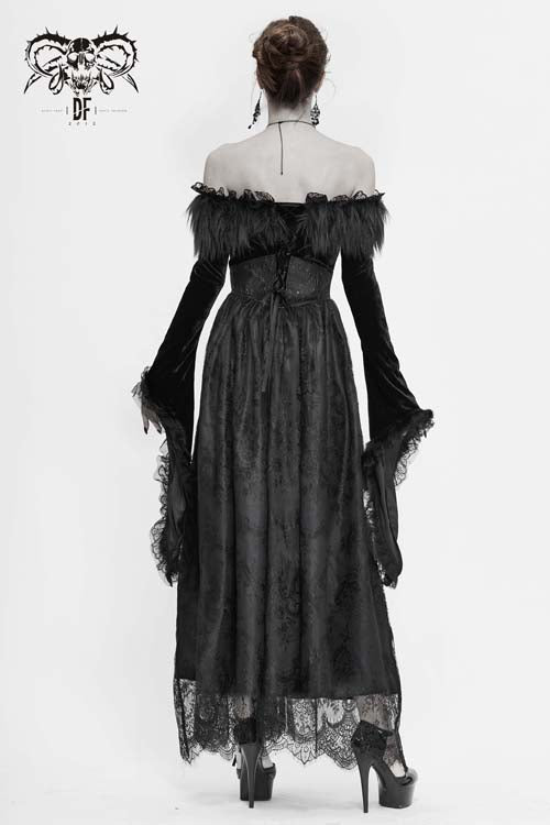 Black Sexy Off Shoulder Lace Pleated Womens Formal Gothic Long Dress With Fur Collar
