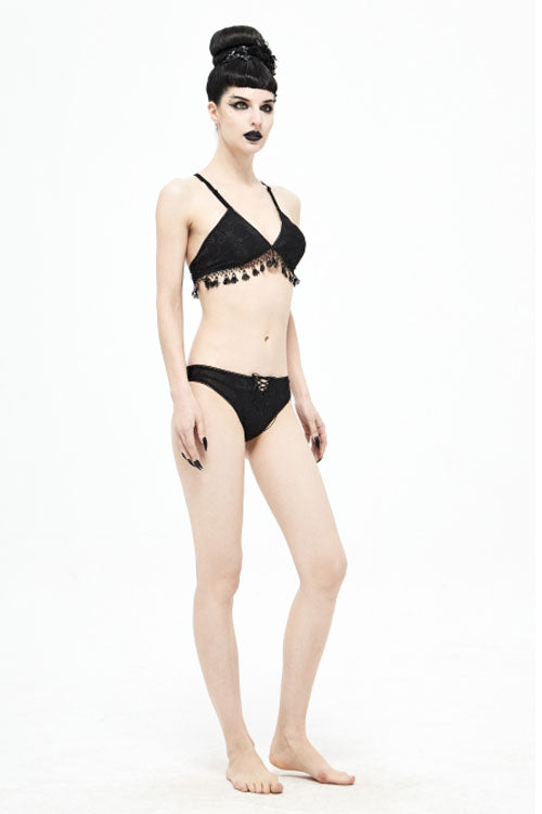 Black Dark Grain Jacquard Tassel Lace Up Gothic Swimsuit