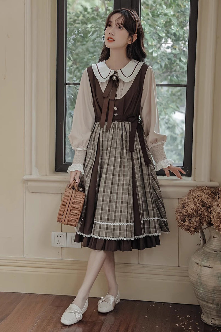 White/Brown Campus Style Doll Collar Lantern Sleeves Plaid Sweet Lolita OP Dress