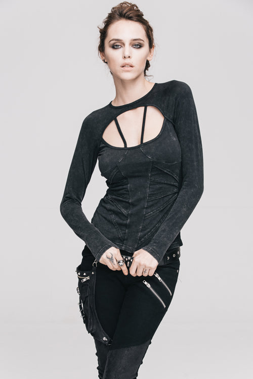 Black Hollow Out Long Sleeves Womens Punk Straps T-Shirt