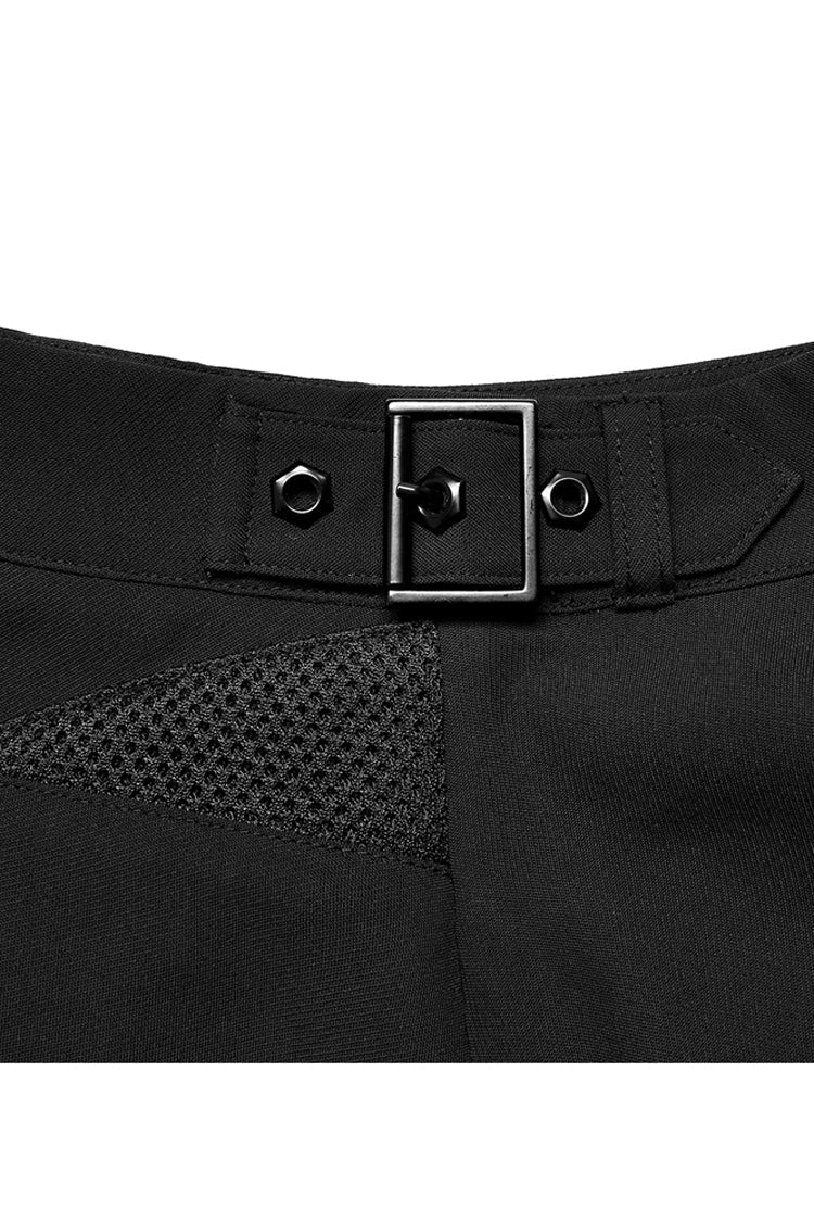 Black Chiffon Plaid Large-Hole Mesh Stitching V-Word Segmentation Design Sun-Hem Women's Punk Skirt