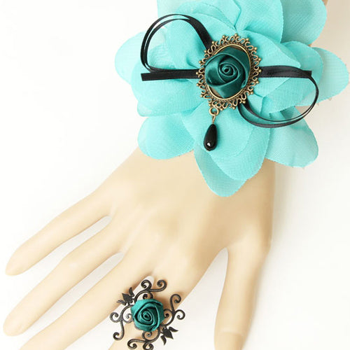 Retro Fashion Personality Blue Rose Chiffon Flower Female Lolita Ring Bracelet