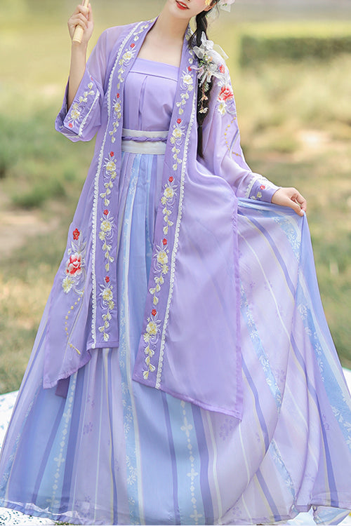 Purple Chinese Style Song Dynasty Exquisite Embroidery Three Piece Sweet Hanfu Dress