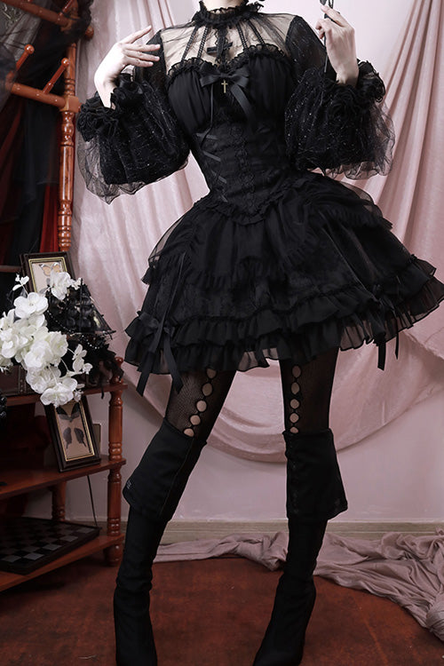 Dark Black Tube Top Sleeveless Blowknot Ruffled Gothic Lolita Tiered Dress