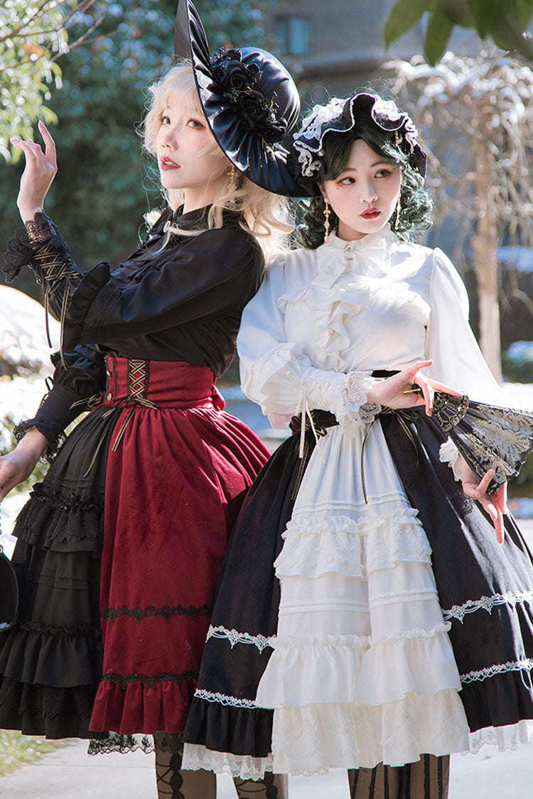 White/Black Stitching Cardigan Ruffled Multi-Layer Gothic Lolita Skirt Dress