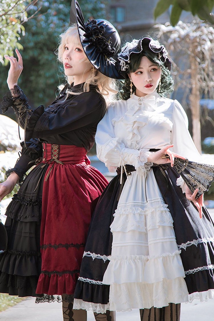 Black/Red Stitching Cardigan Ruffled Multi-Layer Gothic Lolita Skirt Dress