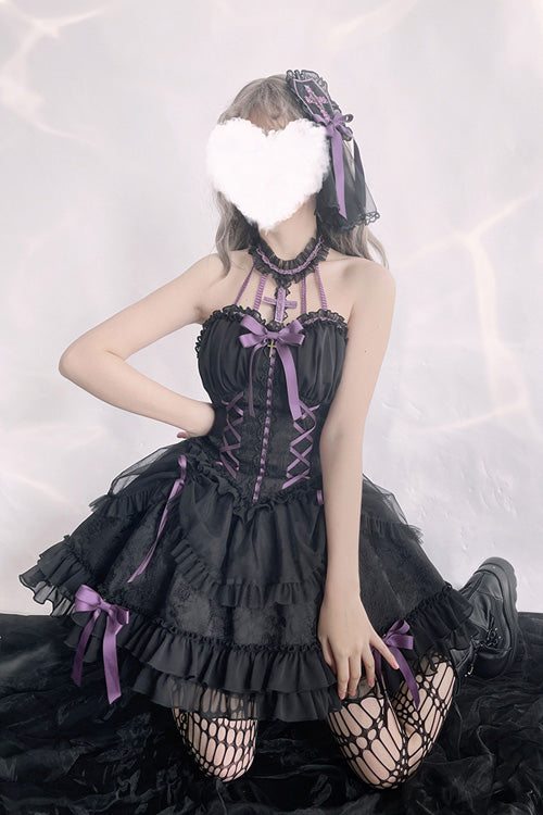 Black Purple Tube Top Sleeveless Blowknot Ruffled Gothic Lolita Tiered Dress