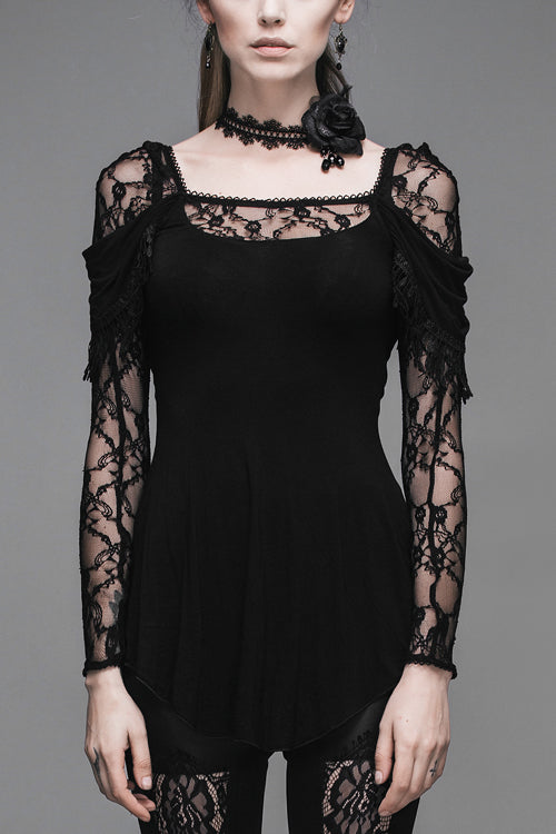 Black Rose Lace Long Sleeves Modal Womens Gothic T-Shirt