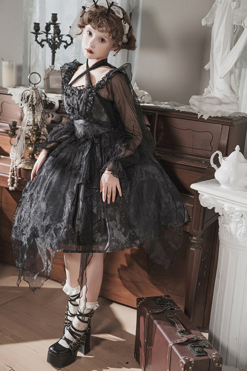 Black Ruffled Strap Mesh Lantern Sleeves High Waisted Irregular Hem Gothic Lolita OP Dress