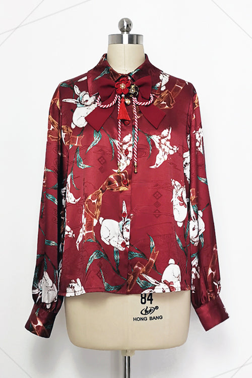 Red Original Lily Rabbit Print Lapel Collar Long Sleeves Ouji Lolita Blouse