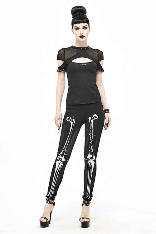 Black Punk Knit Skull Marrowbone Printed Leggings Womens Pants