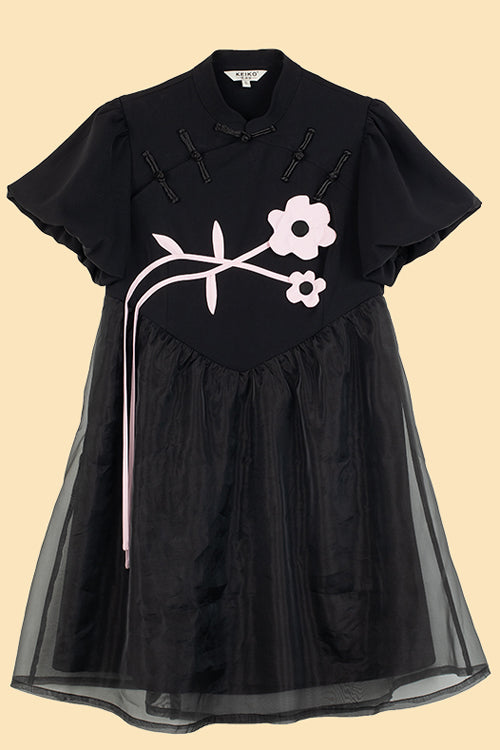 ブラック スタンドカラー ランタン 半袖 花柄 オーガンジー パネル スイート ロリータ ドレス