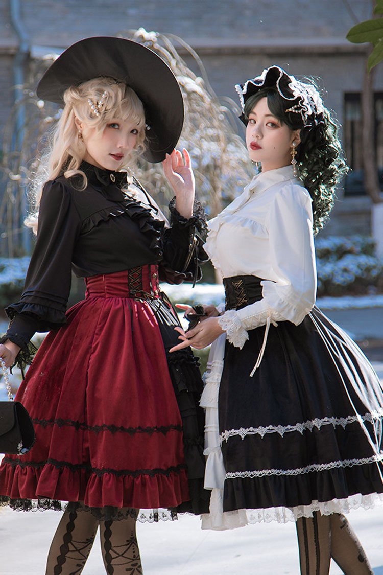 Black/Red Stitching Cardigan Ruffled Multi-Layer Gothic Lolita Skirt Dress