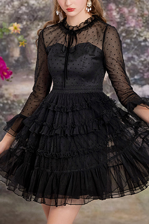 Black Lace Round Collar Polka Dot Mesh Trumpet Sleeves Layered Ruffled Sweet Lolita OP Dress