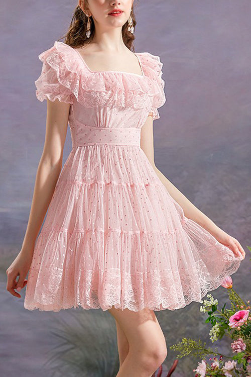 Pink Vintage Square Collar Ruffled Princess Short Sleeve Dot Print High Waisted Mesh Sweet Lolita Dress