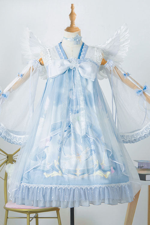 Light Blue Dreamland Chinese Style Bowknot Ruffled High Waisted Sweet Lolita JSK Dress
