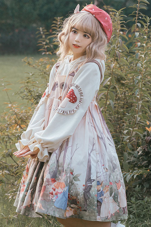 Light Pink Raccoon Print and Ears Round Collar High Waisted Autumn Winter Sweet Lolita JSK Dress