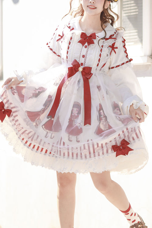 Red/White Chiffon Round Collar Ruffled Long Sleeve High Waist Princess Print Sweet Lolita Dress