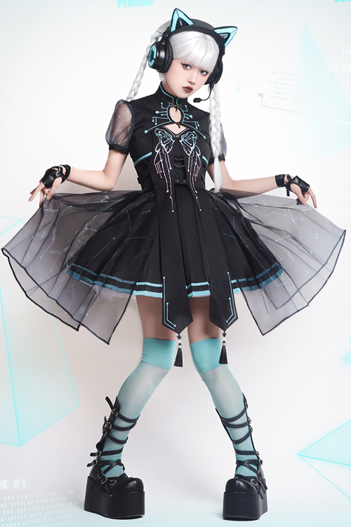 Black Sense Of Technology Butterfly Ember High Waisted Gothic Lolita JSK Dress Full Set