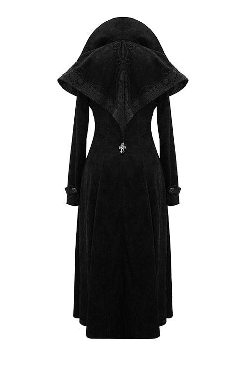 Black Hand Embroidered Big Shawl Collar Zipper Up Long Womens Gothic Coat