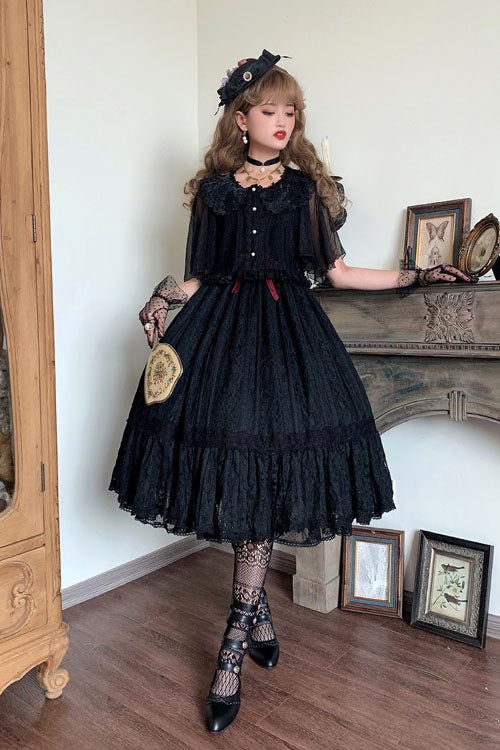 Black Solid Color Elegant Vintage Rose Multi-Layer Embroidery Ruffled Sweet Lolita JSK Dress