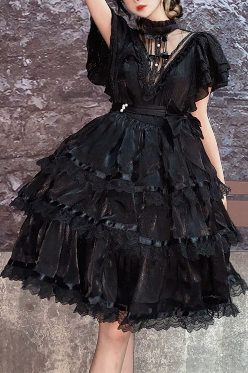 Lace Round Collar Ruffled Short Sleeves Sweet Lolita Tiered Dress