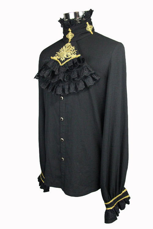 Black Chiffon Chest Embroidery Lace Sleeves Mens Gothic Blouse