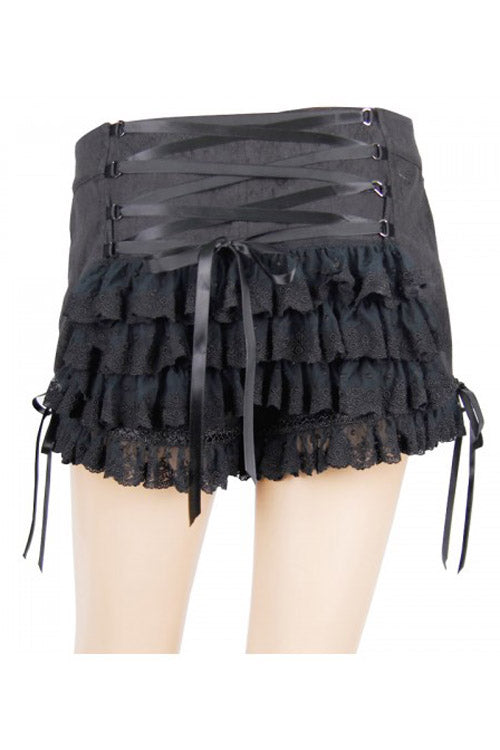 Black Front Double Breasted Buttons Waist Lace Up Frill Lace Hem Gothic Jacquard Short Womens Pants