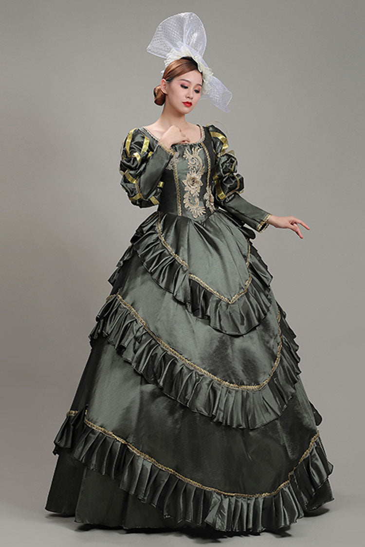 Dark Gray Court Style High Waisted Long Sleeves Floral Print Multi-Layer Victorian Lolita Prom Dress