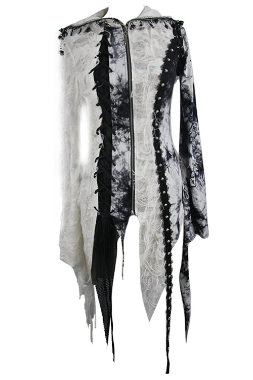 Black And White Tie Dyed Jersey Hooded Punk Asymmetrical Womens Coat