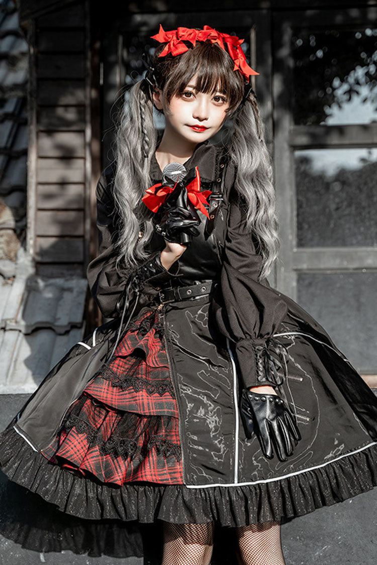 Black Stitching Zipper Cardigan Ruffled Multi-Layer Gothic Lolita Jsk Dress (Will shine at night)