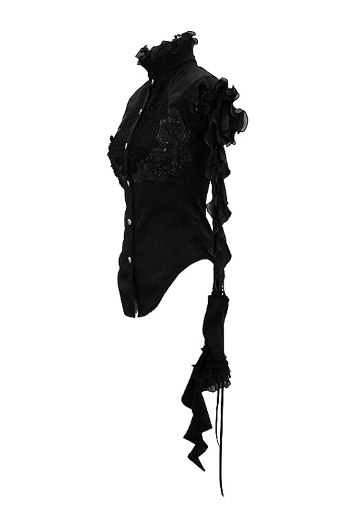 Schwarze Chiffon-Schwalbenschwanz-Bluse mit Rüschen und Spitzenärmeln für Damen im Gothic-Stil