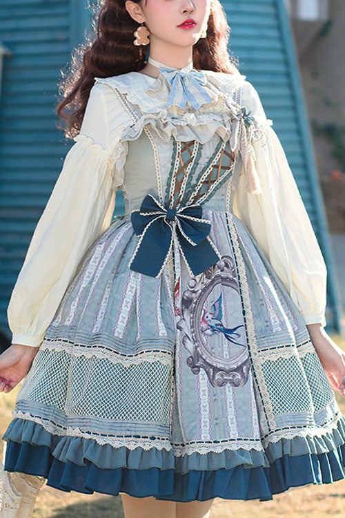 Light Blue Vintage Finches In The Mirror Print Country Style Bowknot Multi-Layer Ruffled Classic Lolita JSK Dress