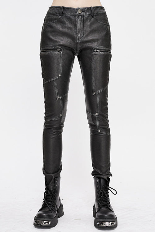 Schwarze Punk Biker Block Shaped Patchwork Hand geriebene Leder Damen Hose