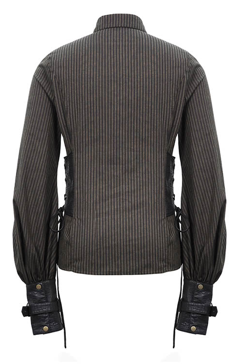 Brown Striped Waist Cuff Leather Mens Punk Blouse