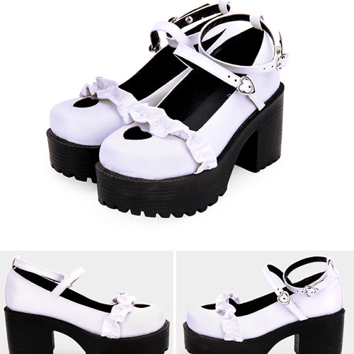 Round Toe Hollow Out Heart Shape Ruffle School Sweet Lolita Shoes