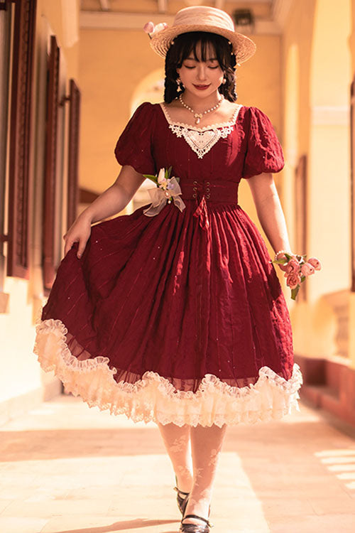Wine Elegant Vintage Square Collar Short Sleeves Multi-Layer Ruffled Classic Lolita OP Dress